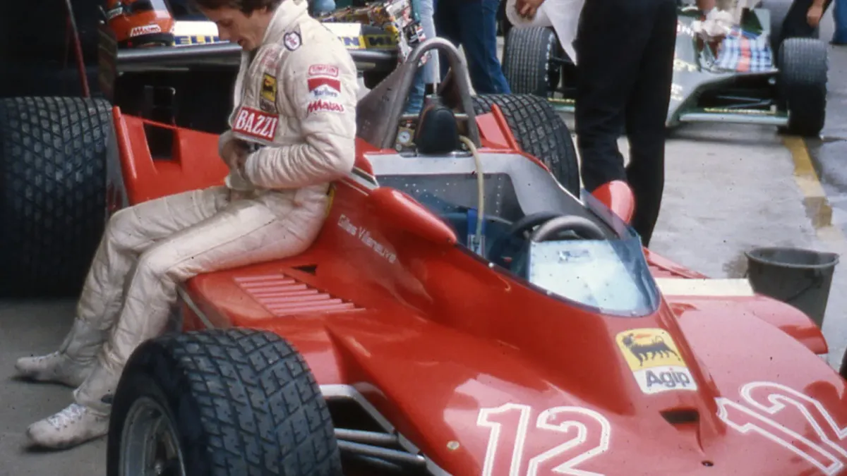 Gilles Villeneuve i ett licensierat motorsportfoto.