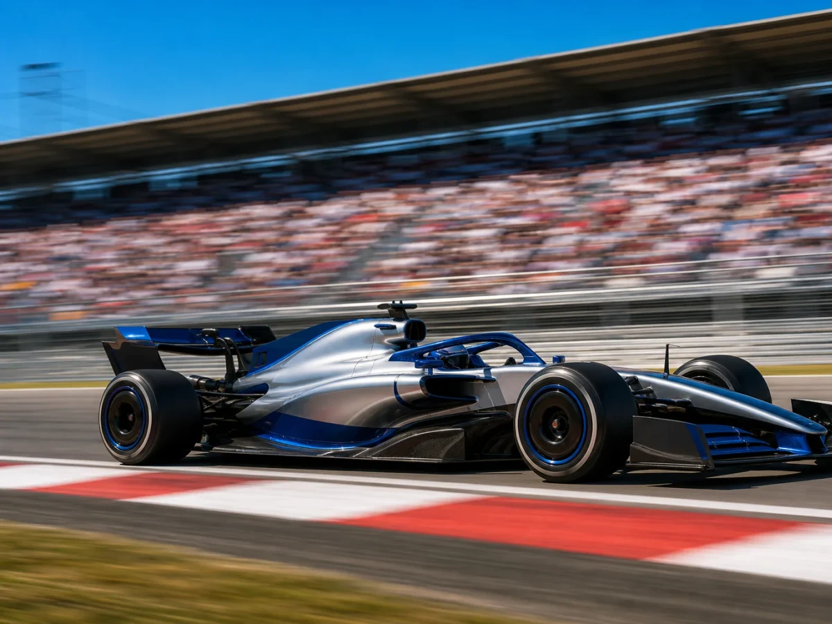 Formel 1-bil av ny generation i profil på en bana, med tydlig hybriddrivlina och justerbara vingar.