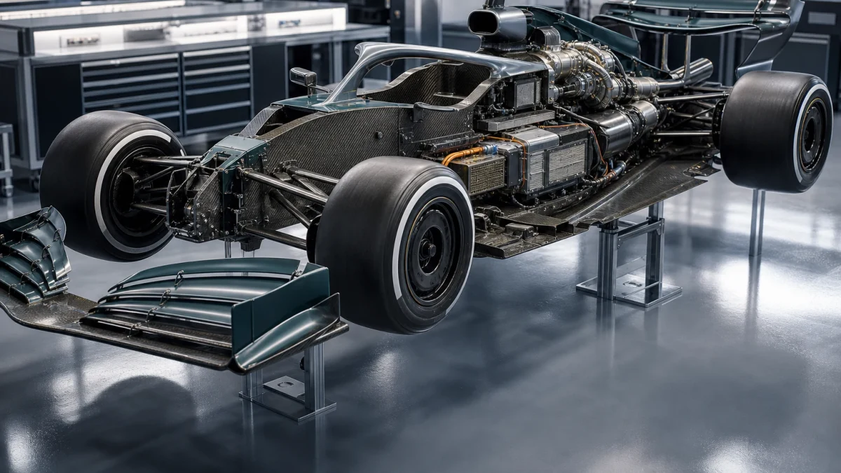 Genomskuret motiv av en formel 1-bil som visar chassi, vingar, kraftenhet och däck.