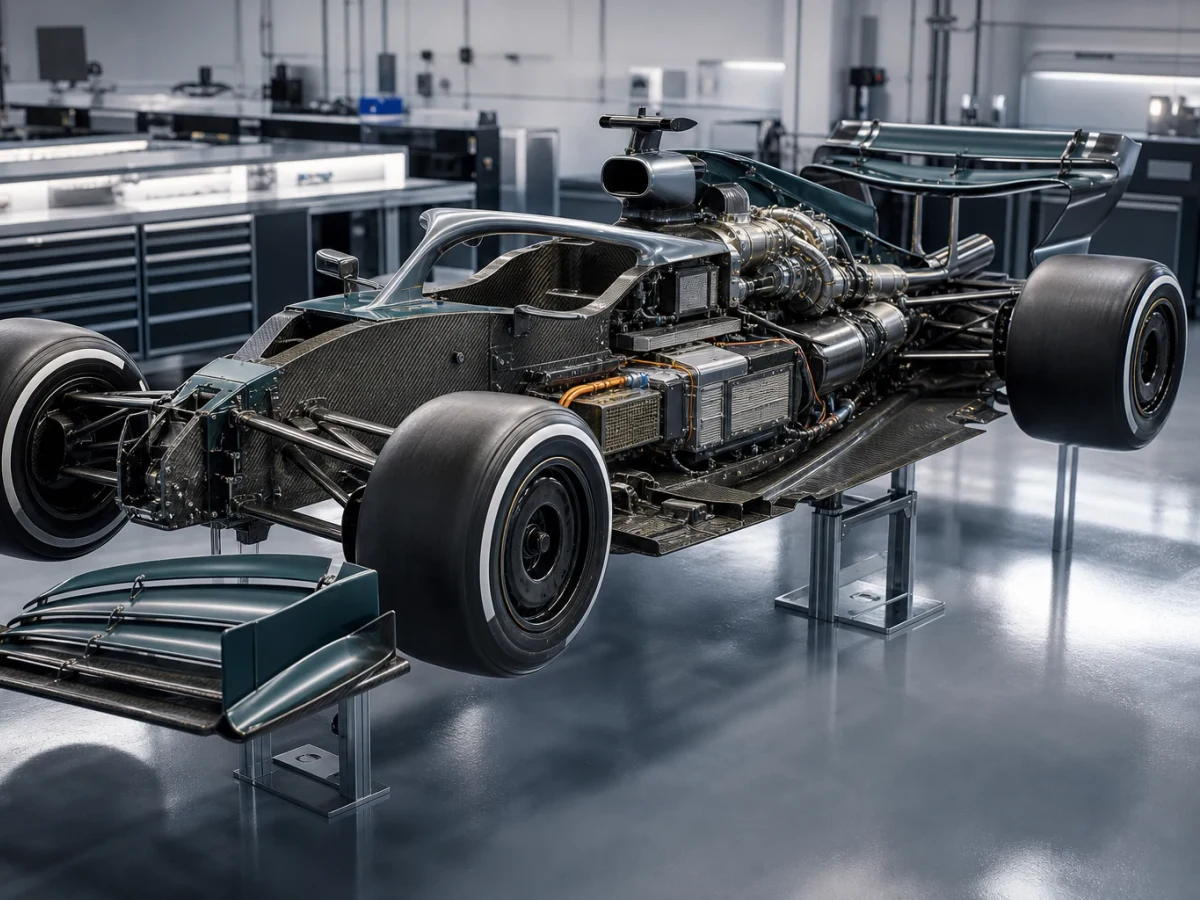 Genomskuret motiv av en formel 1-bil som visar chassi, vingar, kraftenhet och däck.