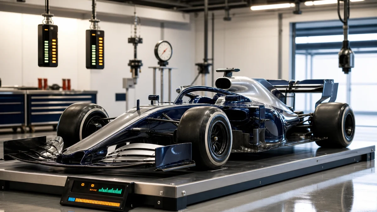 Formel 1-bil på en våg i ett garage som illustrerar mätning av minimivikten.