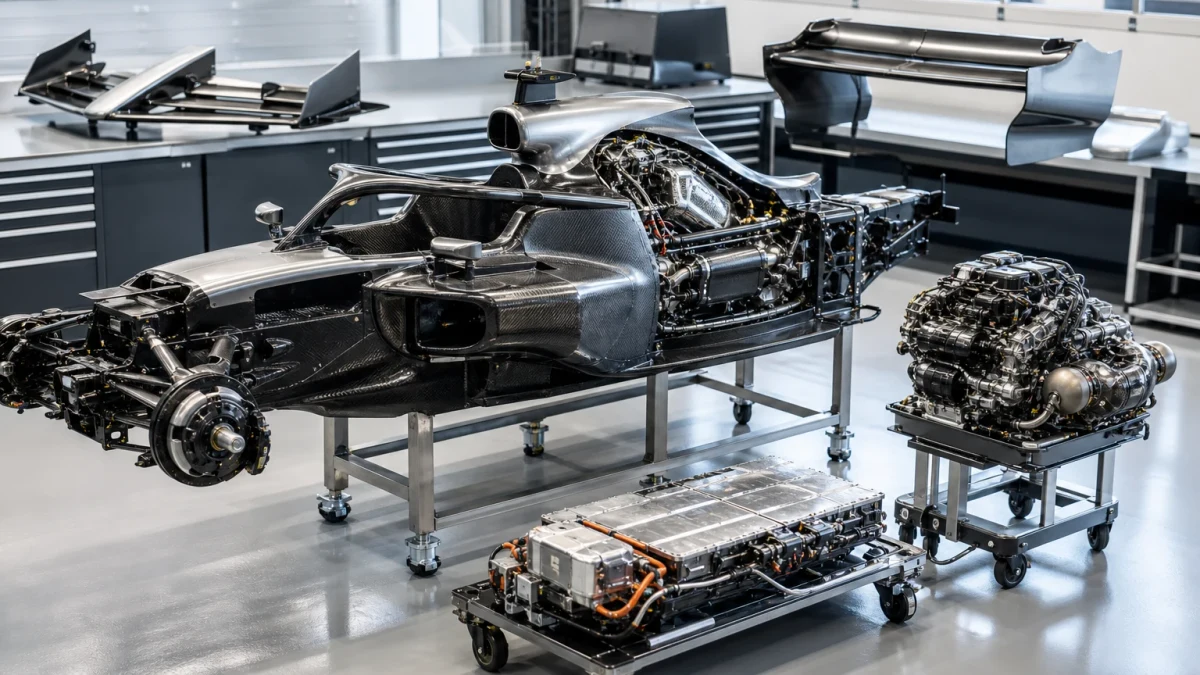 Formel 1-bil delvis isärtagen i ett garage med chassi, motor och vingar synliga.