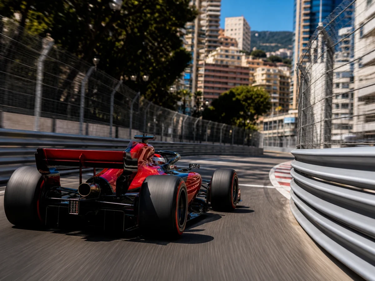 Röd formel 1-bil utan synliga sponsormärken på ett smalt gatlopp i starkt dagsljus.
