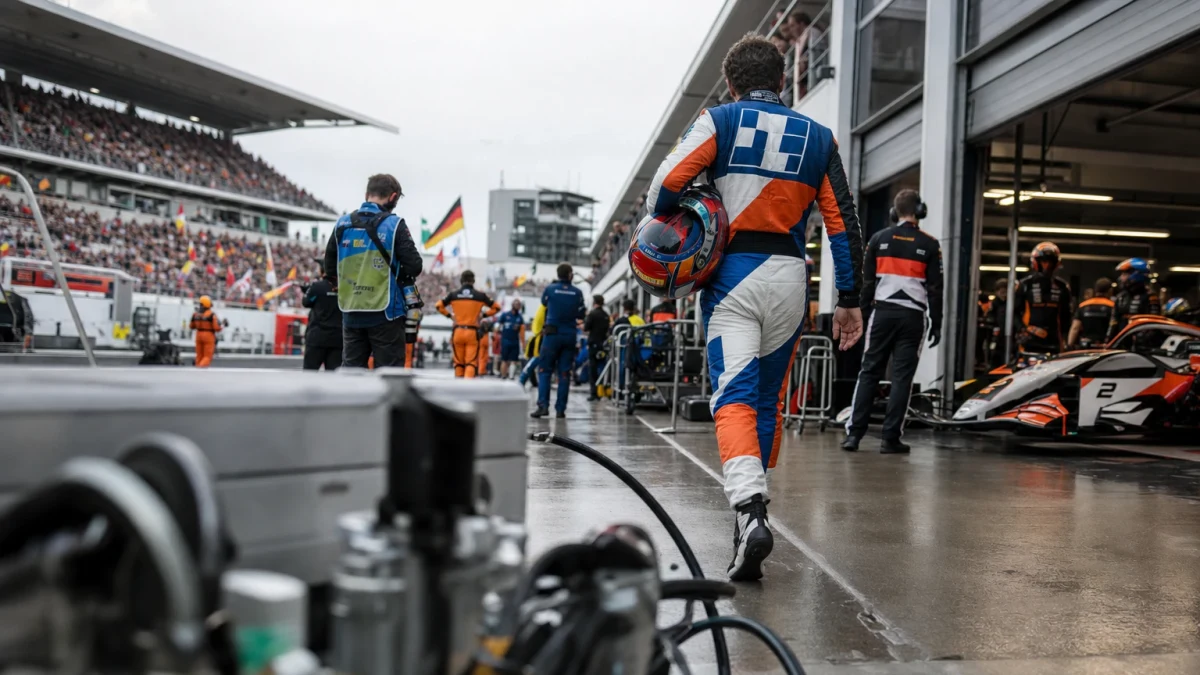 Prispallen på en formel 1-bana med tre tomma pallplatser och läktare i bakgrunden.