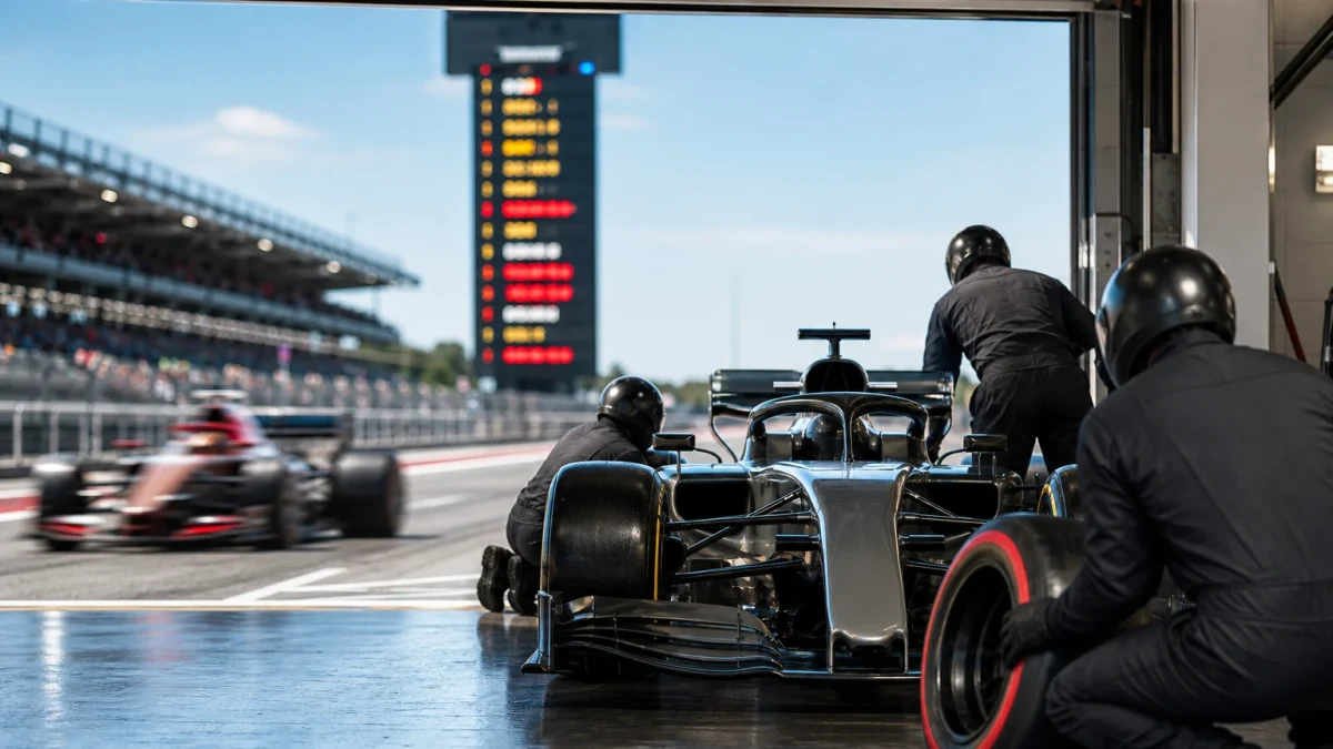 Formel 1-bilar i depågaraget under en kvalomgång med tidtavlan i bakgrunden.