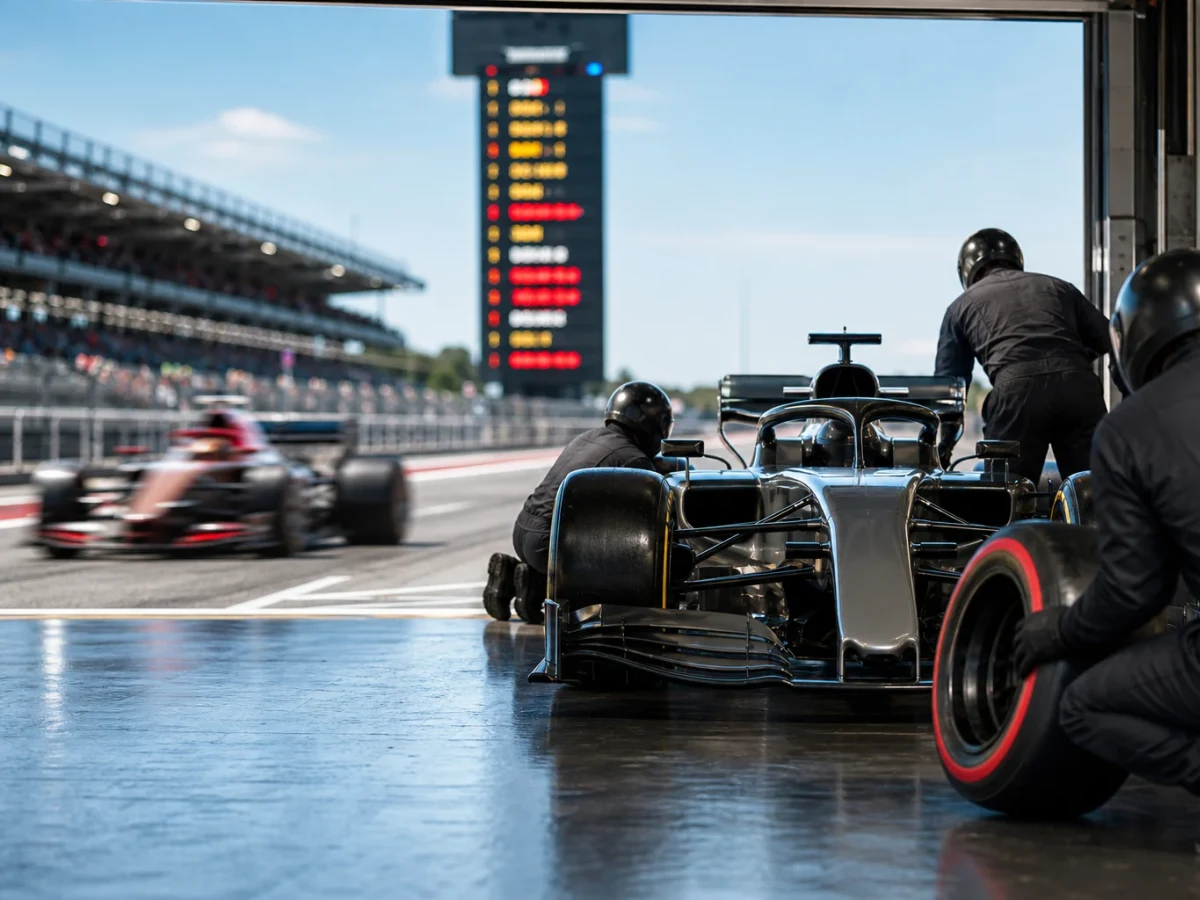 Formel 1-bilar i depågaraget under en kvalomgång med tidtavlan i bakgrunden.
