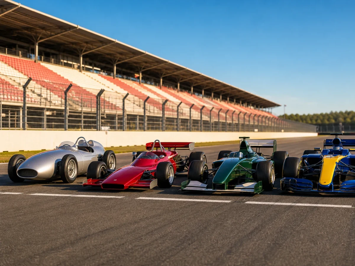 Rad av historiska formel 1-bilar i olika färger uppställda på en startraka.