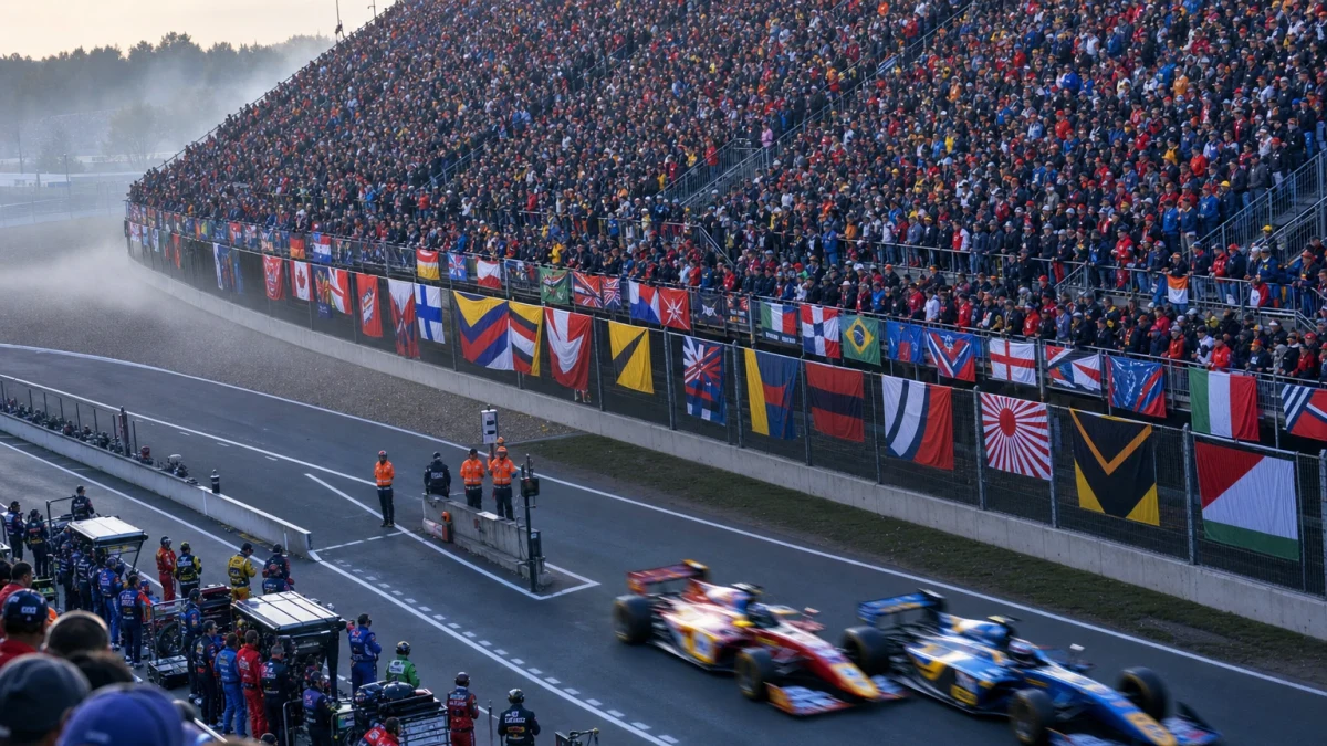 Fullsatta läktare vid en brittisk racerbana när en formel 1-bil passerar på raksträckan under grand prix-helgen.