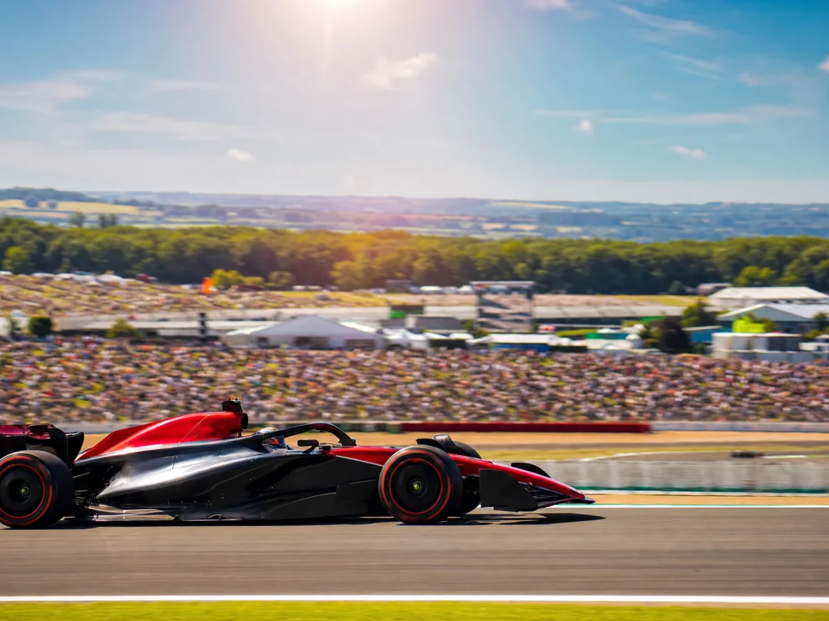 Röd formelbil leder loppet genom en snabb kurva på Silverstone i sommarljus.