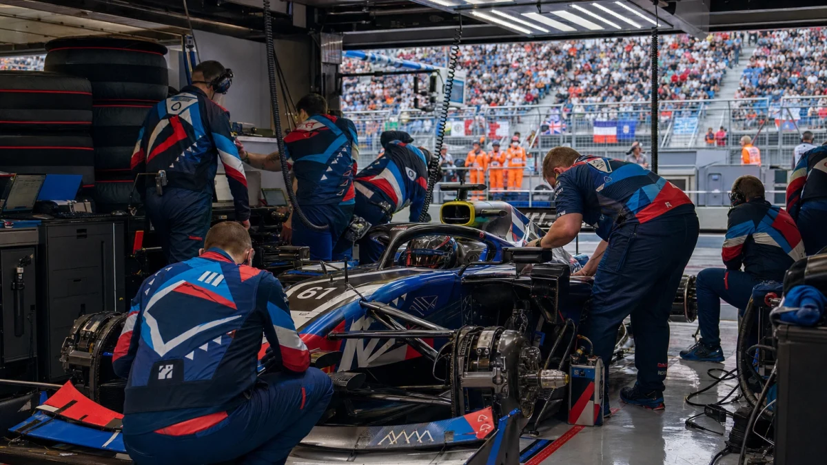 Formel 1-bil i blått och vitt genom en snabb kurva i skarpt kvällsljus, sedd bakifrån.