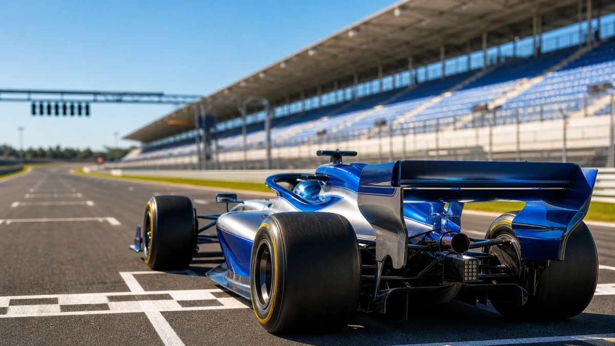 Formel 1-bil på den främsta startrutan på en startgrid inför ett lopp.