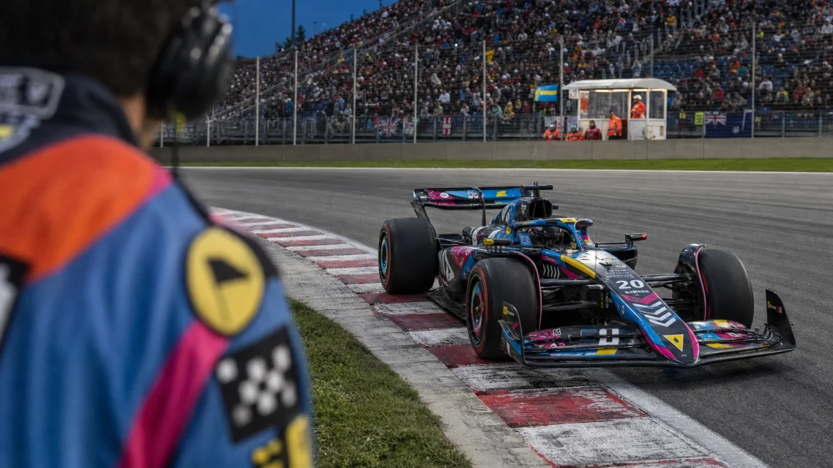 Formel 1-bil på den främsta startrutan på en startgrid inför ett lopp.