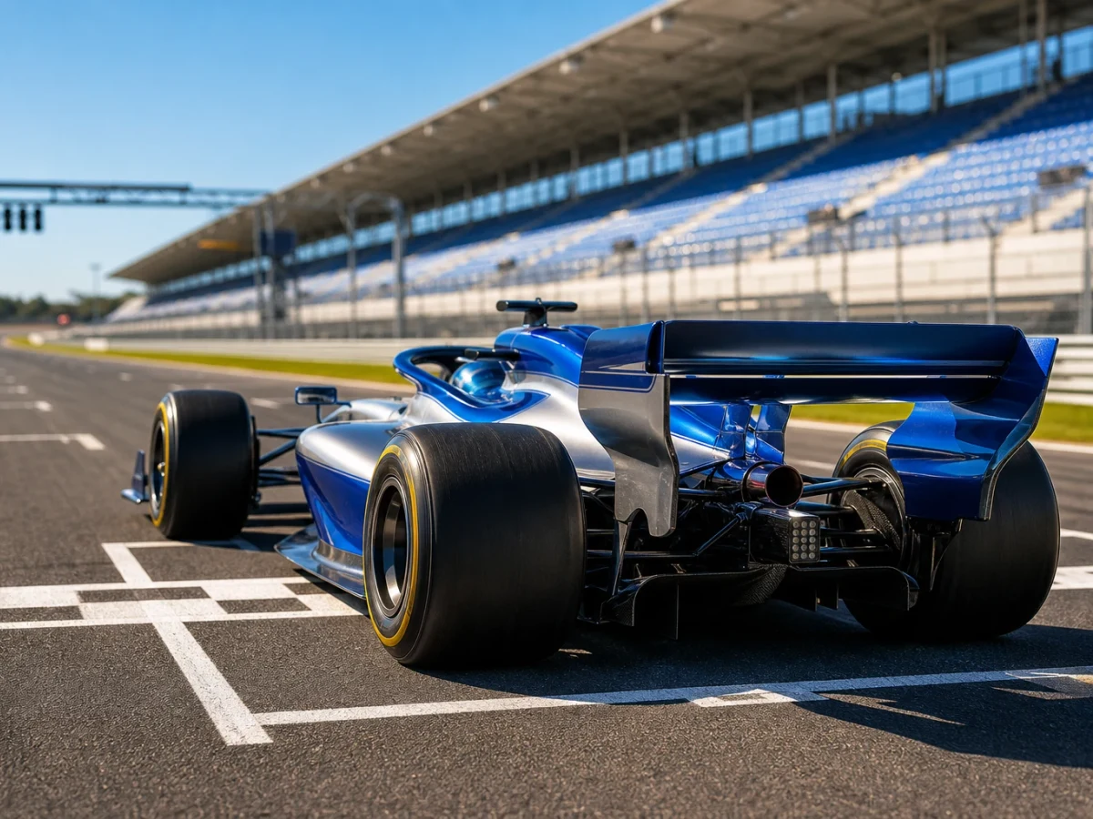 Formel 1-bil på den främsta startrutan på en startgrid inför ett lopp.
