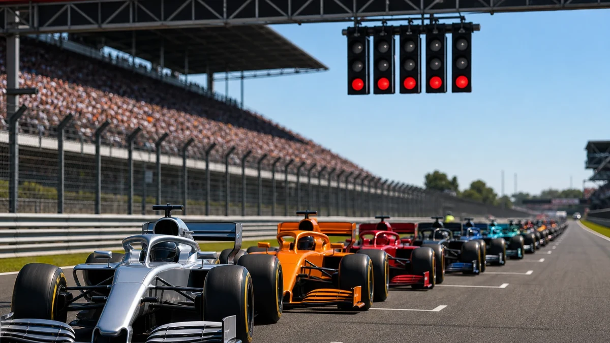 Startfält med formel 1-bilar uppradade på en startlinje inför loppstart.
