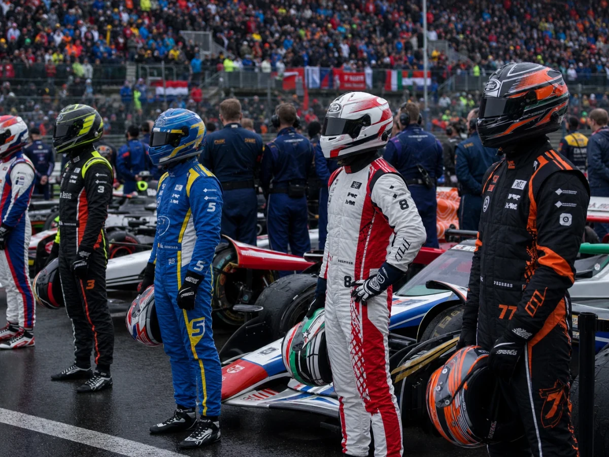Startfält med formel 1-bilar uppradade på en startlinje inför loppstart.