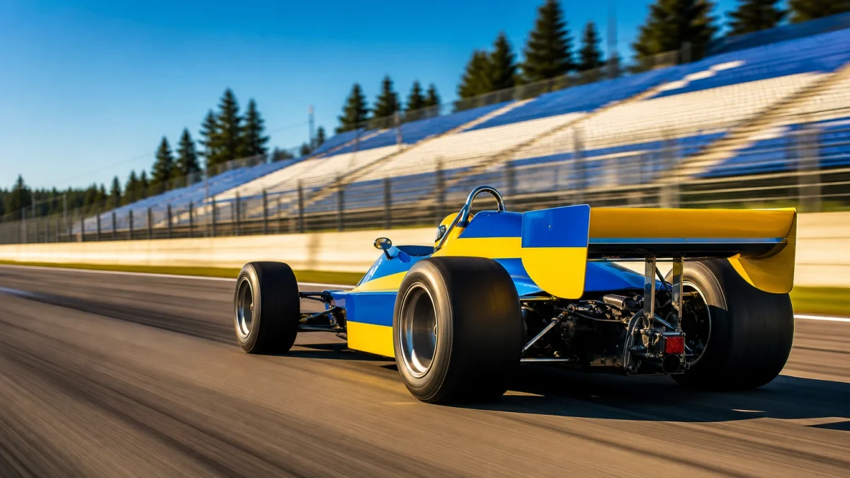 Klassisk formel 1-bil i gult och blått på en bana, symbol för de svenska förarnas arv.