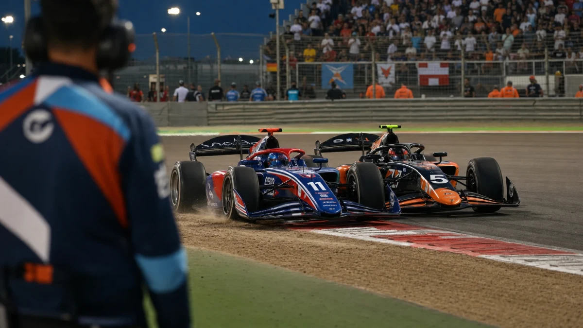 Tva Formel 2-bilar sida vid sida genom en kurva med publik langs stangslet.