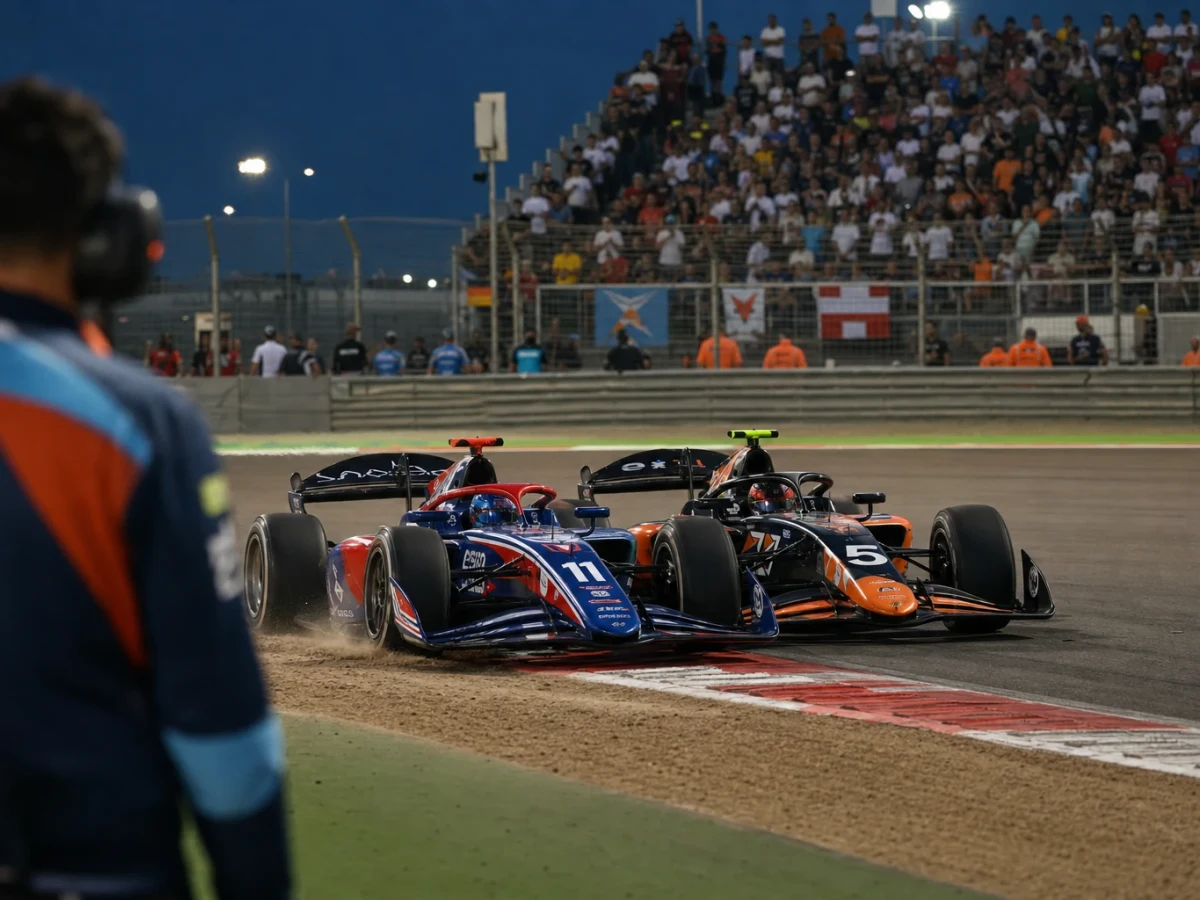 Tva Formel 2-bilar sida vid sida genom en kurva med publik langs stangslet.
