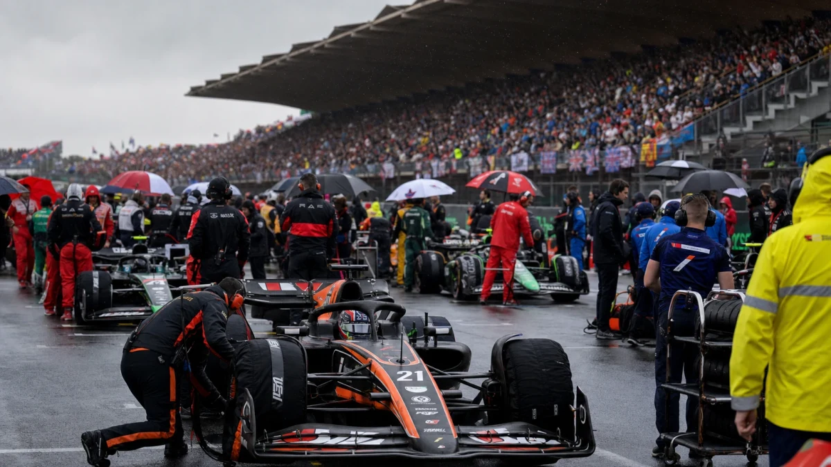 Startgridden fore ett Grand Prix med lagpersonal och publik pa laktarna.